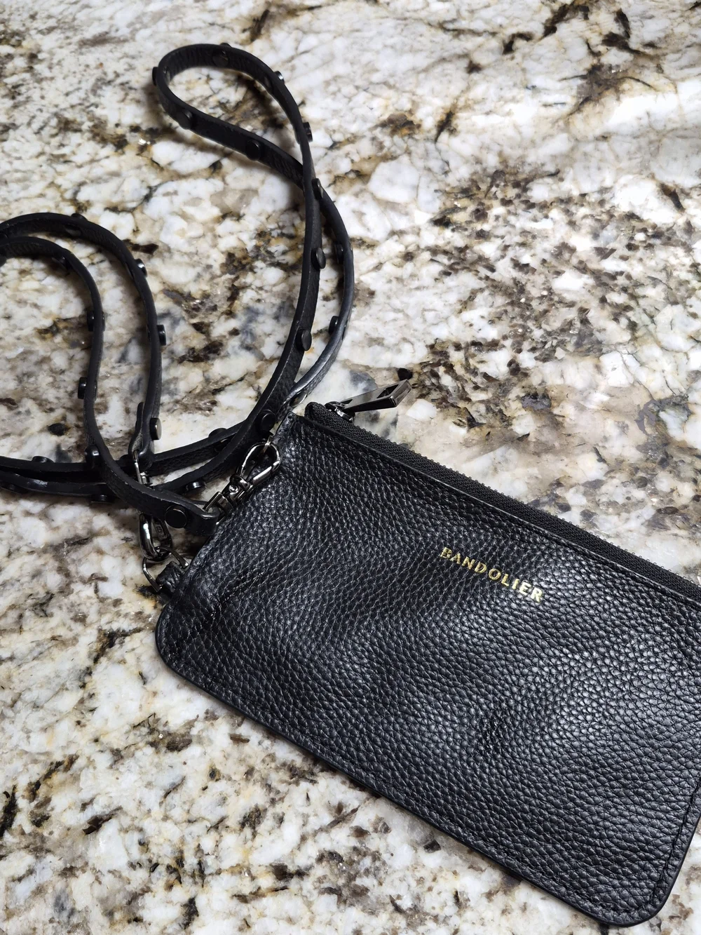 Bandolier Black Pebbled Leather Crossbody Zip Wallet